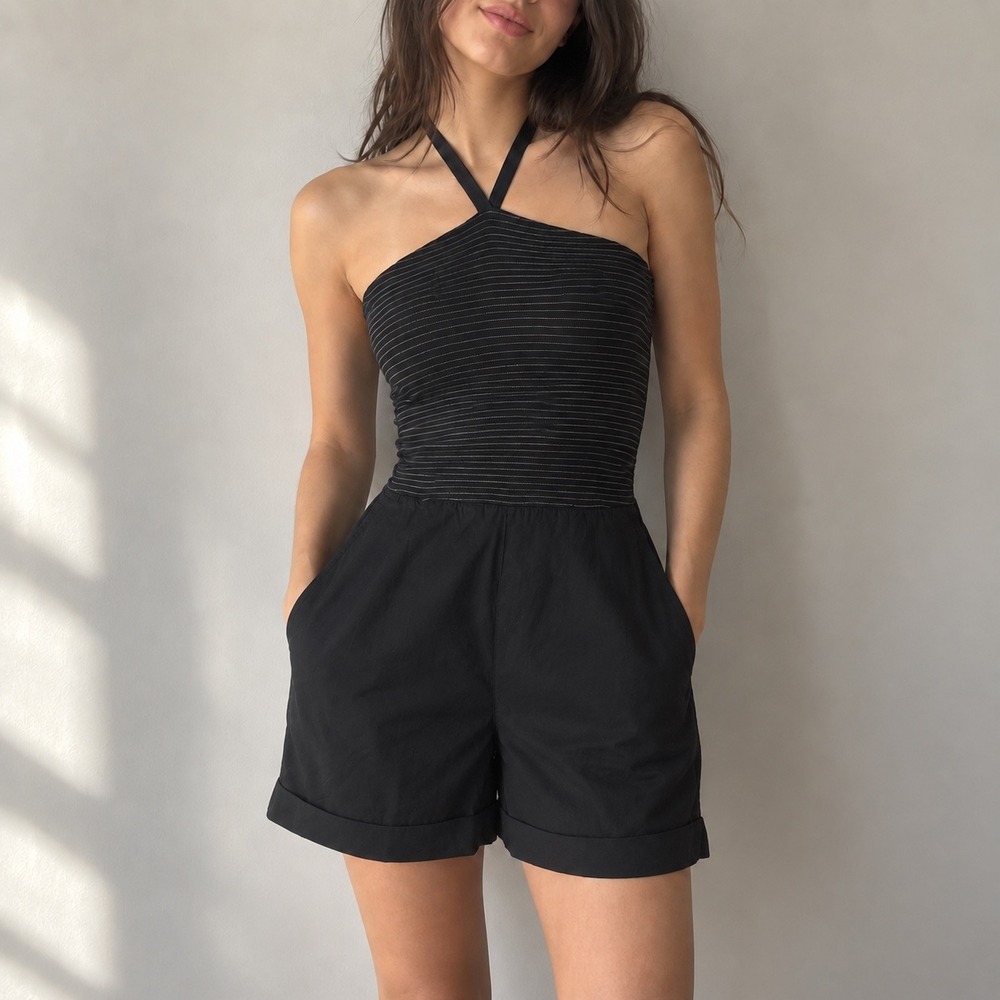 Nation LTD Black Smocked Stripe Blondie Halter Romper XS 70s Retro
